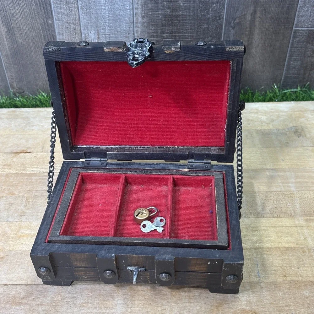 Vintage Made in Japan Wooden Treasure Chest Jewelry Box Gothic